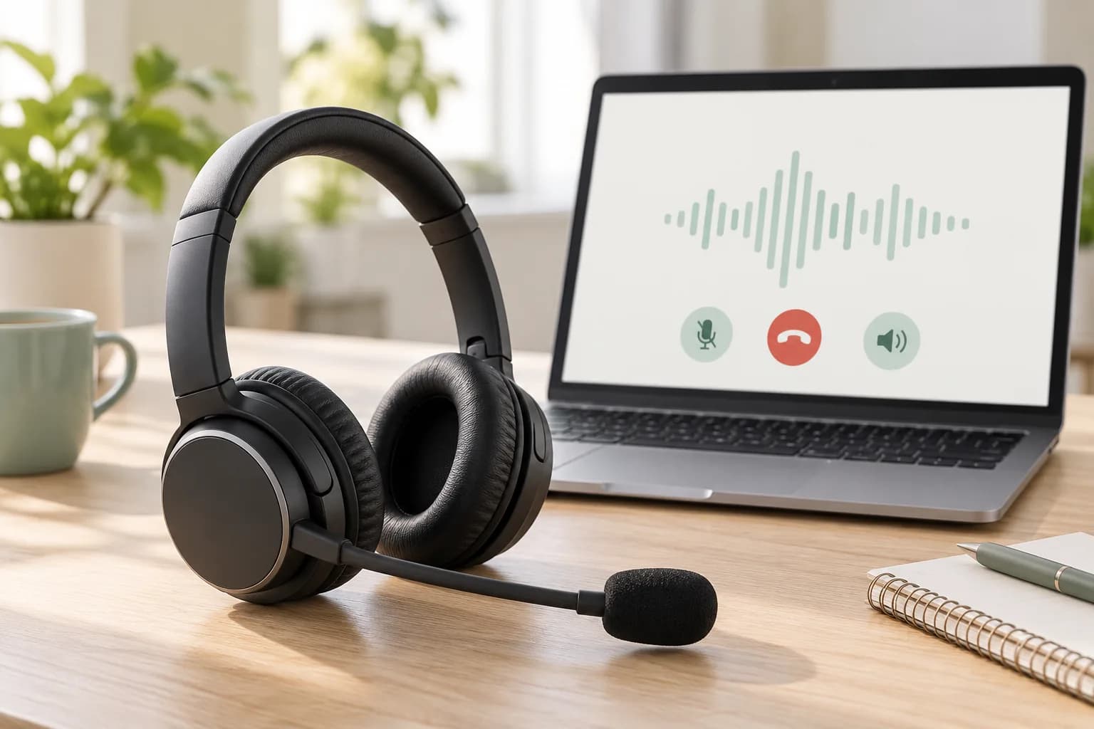 A customer support headset beside a laptop displaying a call waveform.