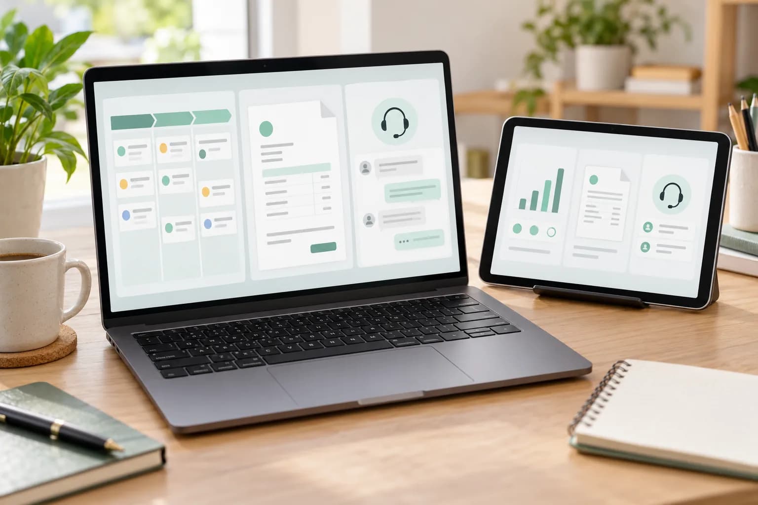 A laptop and tablet showing an illustrative sales, invoicing and support workspace.