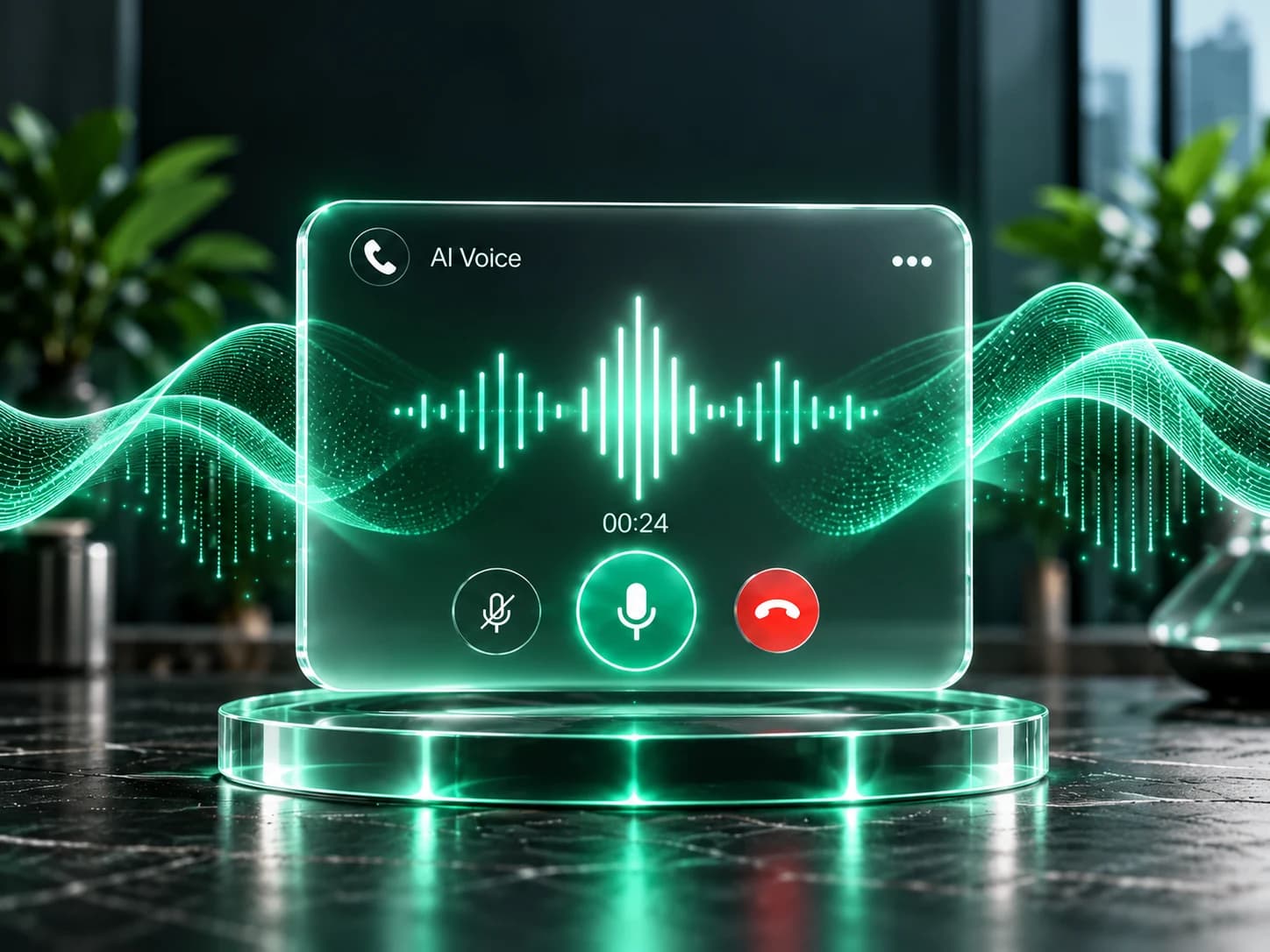 An AI voice console with a mint audio waveform above a glass platform.