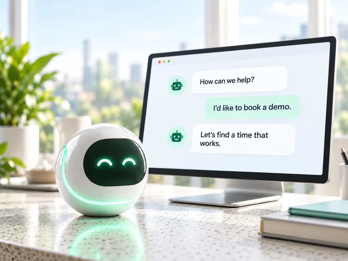 A round AI assistant beside a screen showing a customer booking a demo through chat.