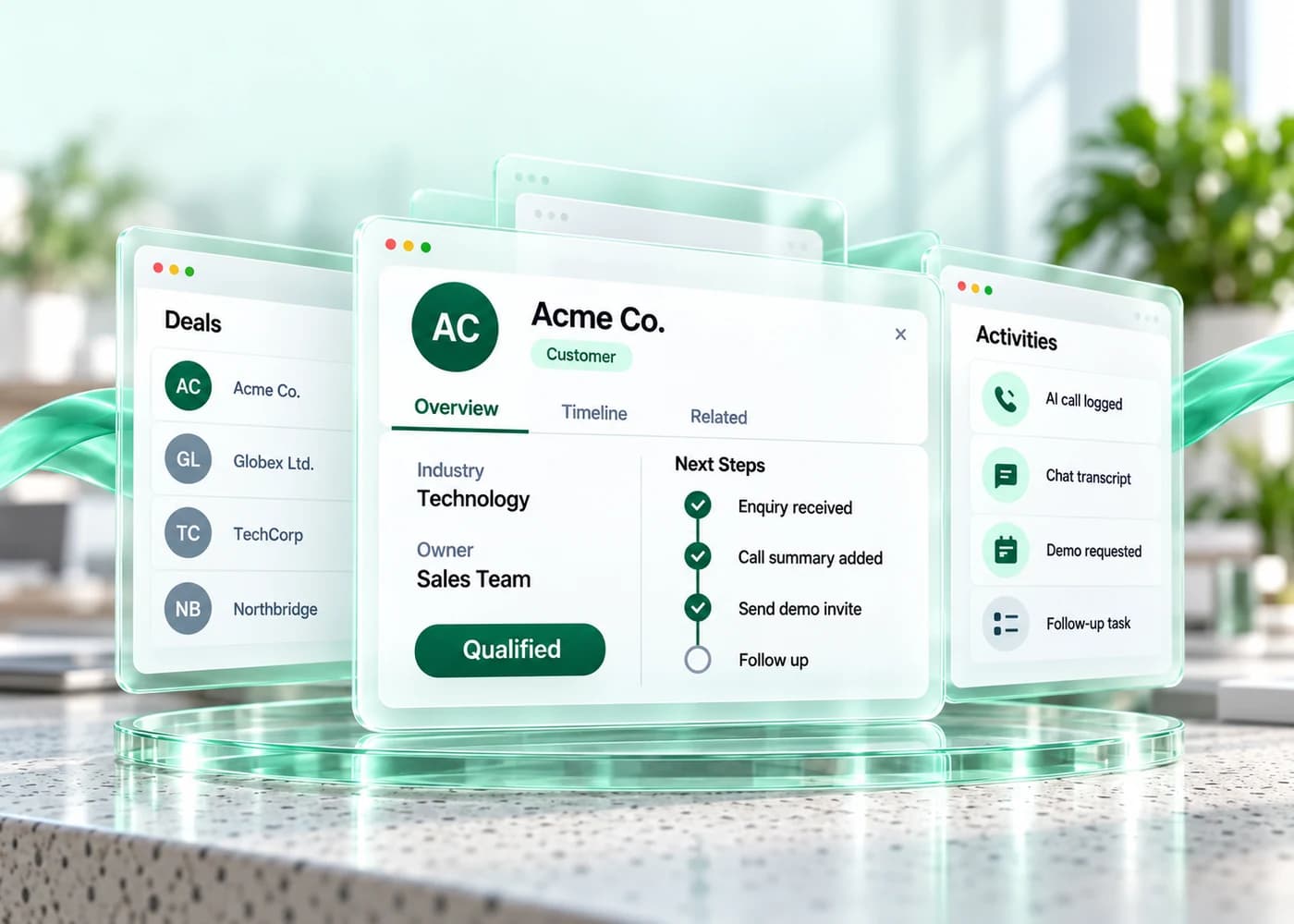 Illustrative CRM panels bring a company record, conversation activity and follow-up steps together.