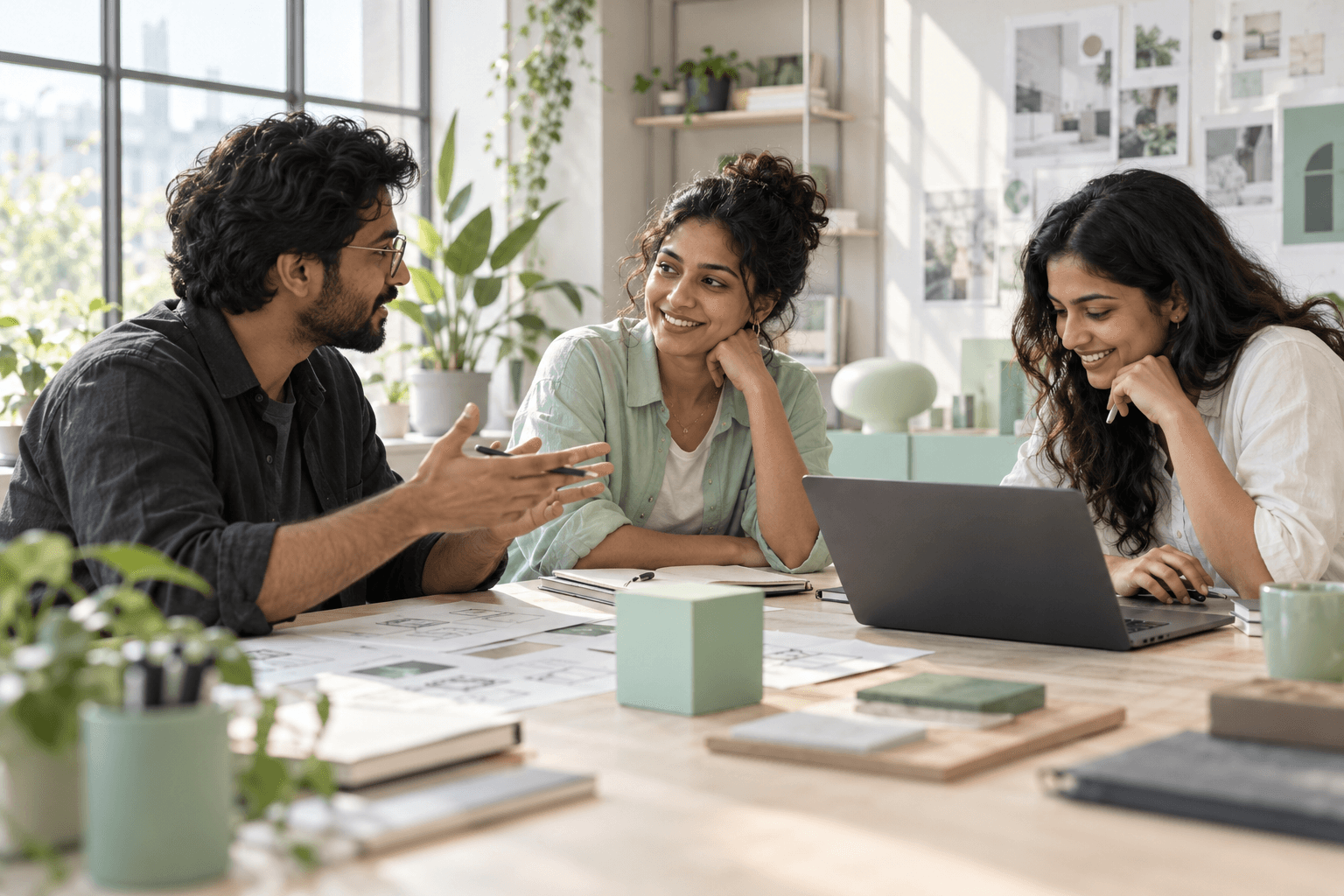 Three creative technology collaborators sharing ideas in a bright, mint-accented studio